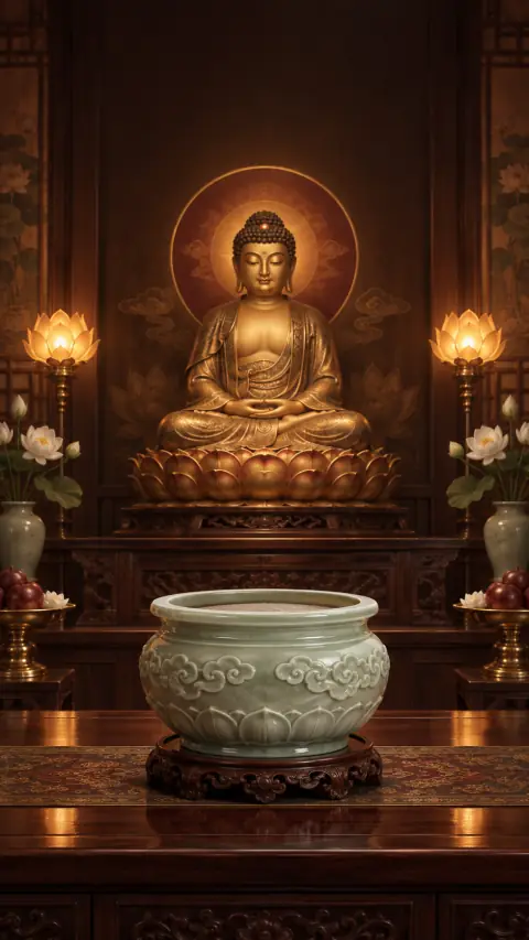 Không gian thờ tự với ánh nến vàng và hoa sen