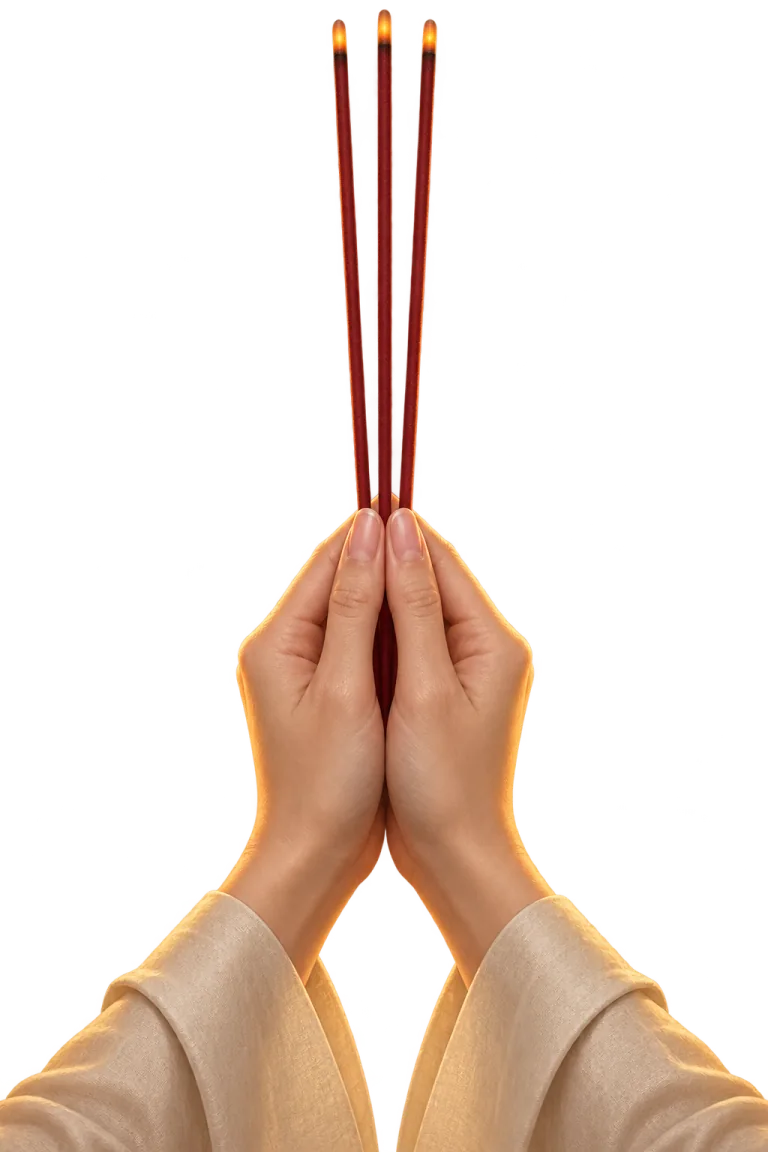 Đôi tay nâng ba nén hương trước không gian bàn thờ